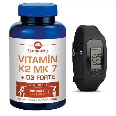 Vitamín K2 MK7 + D3 Forte 100 tbl. + 25 tbl. ZDARMA + Fitness náramek s krokoměrem Pharma Activ